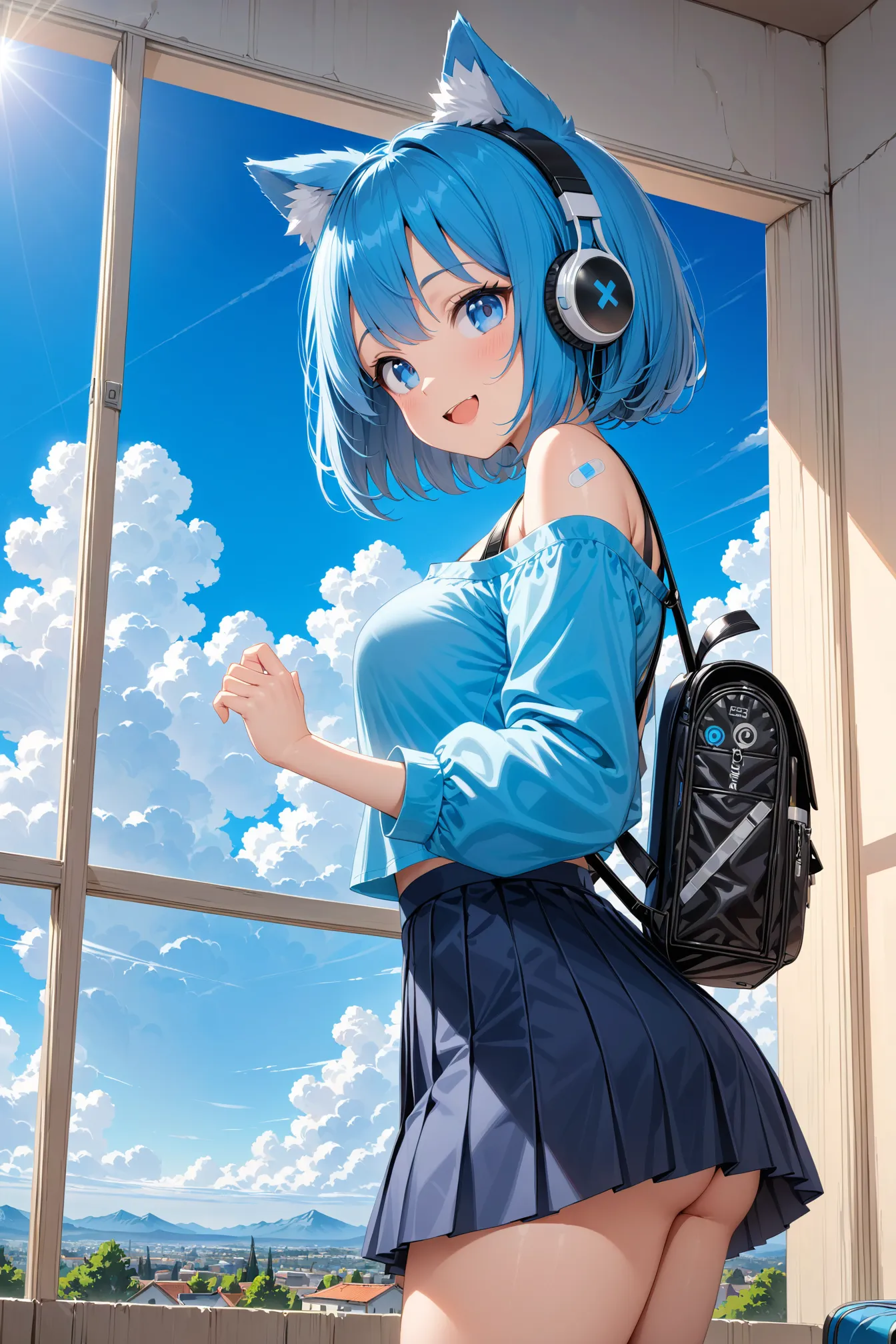 02119-2990905562-masterpiece, best quality, 1girl, solo, indoors, _d, animal ear fluff, animal, backpack, arms up, bandaid, blue.webp